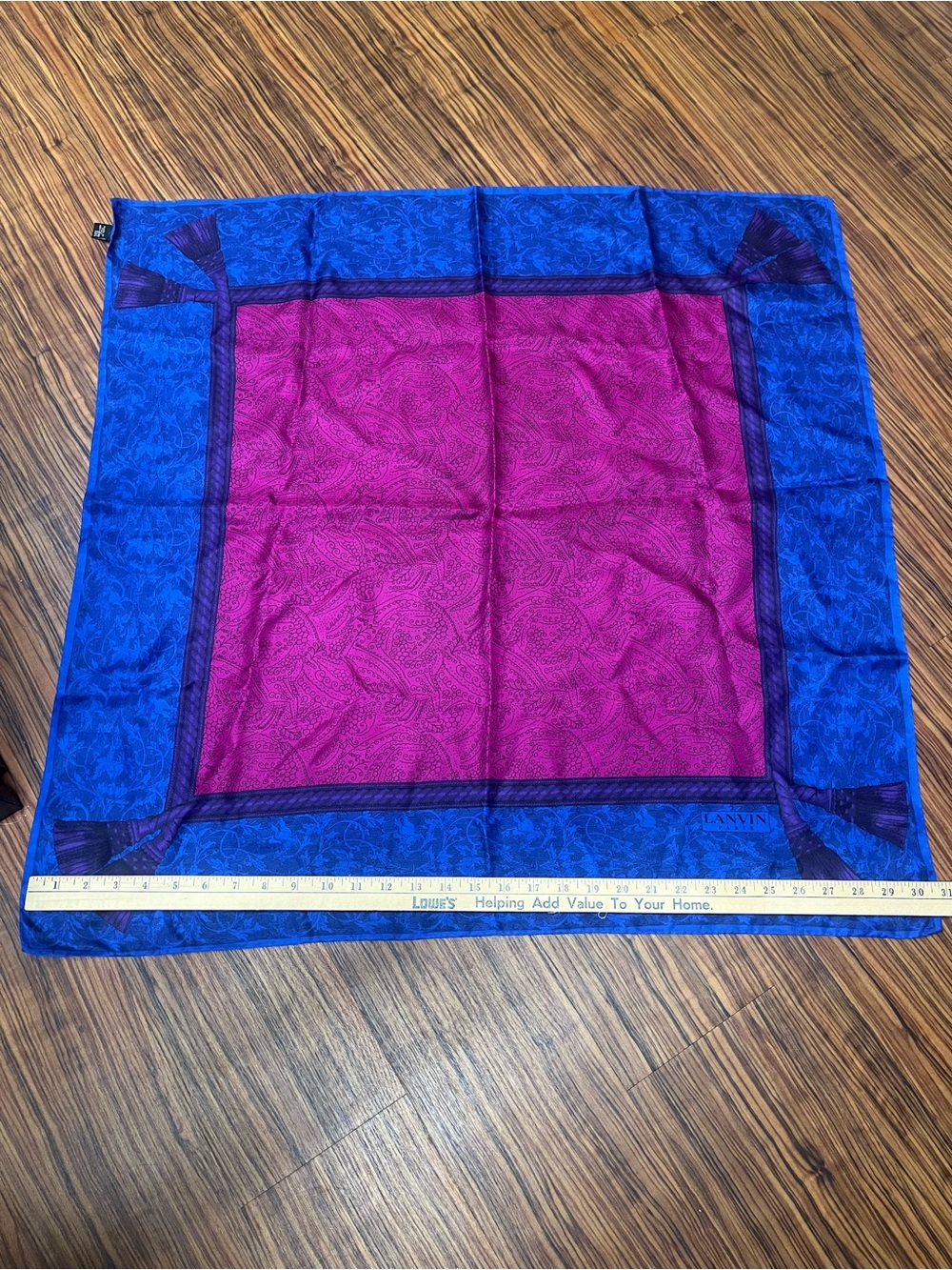 VTG Lanvin Paris 100% Silk Scarf Paisley Tassel Blue Magenta Purple 30” Italy - Picture 5 of 11